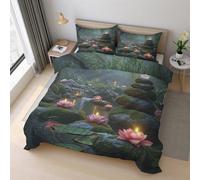 Zen Stone Duvet Cover Set Single Size, Lotus Landscape Meditation Bedding Set 135x200 cm, Quilt Cover with 1 Pillowcase, Soft Microfiber 2pcs, Zip 21D&-32