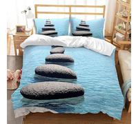 Zen Stone Single Duvet Cover Sets 135x200 cm Ocean Bedding Set Blue Microfiber Hypoallergenic Quilt Cover with Zipper Closure and 2 Pillowcases for Teens and Adults F-495