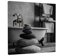 Zen Stone Stack Wall Art, Black Grey Nature Canvas Print, Minimalistic Home Decor for Bathroom, Living Room, Bedroom, Meditation Space 12x12 Inch