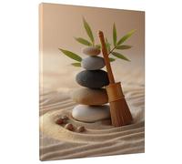 Zen Stones and Bamboo Canvas Wall Art, Neutral Beige Green Minimalistic Decor, Tranquil Home Aesthetic for Living Room, Bedroom, Office, Wrapped Canvas 12x16 Inch