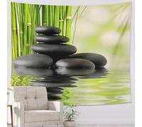 Zen Stones Green Bamboo Tapestry, Relaxing Water Reflection Tranquil Decorative Room Wall Hanging, Serene Tapestries for Bedroom, Living Room, Spa 60x80 Inch