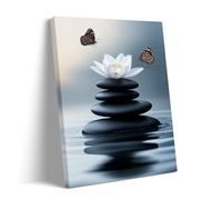 Zen Stones Wall Art with Lotus and Butterflies - Tranquil Spa Meditation Canvas Print for Bathroom, Minimalist Zen Decor with Wood or Black Frame 20x25cm Frame