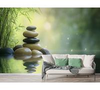 Zen Style Bamboo Wall Mural, Self-Adhesive Peel & Stick Wallpaper, Balancing Rock Sunlight Design Photo Wallpaper for Living Room & Bedroom (150x100 cm), M-880