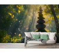 Zen Style Sunlight Wall Mural, Self-Adhesive Peel & Stick Wallpaper, Balancing Rock Forest Design Photo Wallpaper for Living Room & Bedroom (150x100 cm), M-879