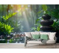 Zen Style Sunlight Wall Mural, Self-Adhesive Peel & Stick Wallpaper, Forest Balancing Rock Design Photo Wallpaper for Living Room & Bedroom (150x100 cm), M-883