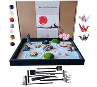 ZEN&TAO Classic Desktop Zen Garden with Abundant (Over 20) Accessories Sitting in Large Black Original Wood Tray and 7pcs Toolset Encased in Metal Box (CHAKRA GEMSTONES)