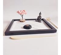 ZEN&TAO Japanese Miniature Zen Garden Black Tray with Buddah Statue, Blossoming Cherry Tree, Faux Stone Engraved with Zen Character, Sand Tools Included, for Meditation, Relaxing and Gifting
