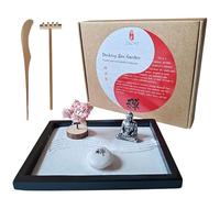 ZEN&TAO Japanese Miniature Zen Garden Black Tray with Buddah Statue, Blossoming Cherry Tree, Genuine Stone Engraved with Zen Character, Sand Tools Included, for Meditation, Relaxing and Gifting