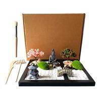 ZEN&TAO Japanese Zen Garden Kit, Black Tray with Two Trees, Two Mosses, Buhhda Statue, Bridge, Stones and Sand Toolset, 2024 New Upgrades, for Meditation, Relaxation and Gifting.