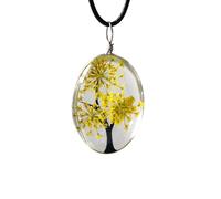 ZEN&TAO Oval Transparent Dried Flowers Pendant Women Necklace with Black Cord Chain Gift Idea for All Occassions (Yellow)
