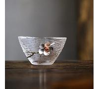 ZENATION Japanese hammered glass exquisite -set of 2 tea cups/sake cups, with tin and copper plum blossom decoration-A