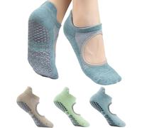 ZenBeya 3PCS Non Slip Pilates Socks, Open Top Grip Yoga Socks for Women, Round Toe Yoga Slippers for Women, Green Khaki