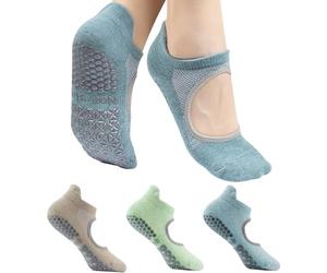 ZenBeya 3PCS Non Slip Pilates Socks, Open Top Grip Yoga Socks for Women, Round Toe Yoga Slippers for Women, Green Khaki