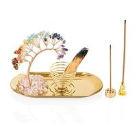 ZenBless 7 Chakra Healing Crystal Tree Incense Holder Palo Santo Sage Burner Brass Ash Catcher for Incense Sticks Coil Cones Yoga Meditation Zen Spiritual Room Home Decoration (Gold+7chakr Oval)