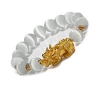ZenBless Feng Shui Bracelet Cat Eye Stone Bead Bracelet with Gold Plated Pi Xiu/Pi Yao Attract Wealth and Good Luck Amulet Gift(White L)