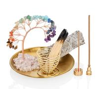 ZenBless Healing Crystal Tree Incense Holder Palo Santo Holder, Sage Burner With Brass Ash Catcher for Sticks/Coil/Cones Yoga Meditation Zen Spiritual Room Home Decor(Gold+7chakr Round)