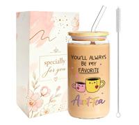 ZenDecor Auntie Gifts for Women - 16 oz Coffee Glass Cup with Lid and Straw | Reusable Drinking Coffee Glass Cup with Brush, Birthday Christmas Gift for Auntie, Aunt Gift from Niece Nephew