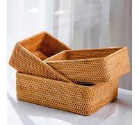 ZENFUN 3 Pack Rectangular Rattan Storage Baskets, Shallow Wicker for Decor, Handmade Woven Nesting Bread Baskets for Organizing, Serving, Kitchen, Home, 3 Sizes