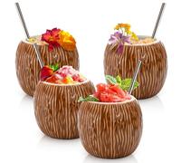 ZENFUN 4 Pack Ceramic Tiki Mugs, 17 oz Coconut Mug, Hawaiian Party Mugs, Cocktail Glasses for Gifts, Tiki Drinking Cups for Mai Tai, Pina Colada, Tiki Bar Professional Barware