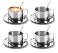 ZENFUN 4 Pack Stainless Steel Coffee Cup Set, 7oz/200ML Double Walled Coffee Mugs Espresso Cups with Saucer and Spoon, Great Cappuccino Cups with Handle for Latte Cappuccino Tea Lovers