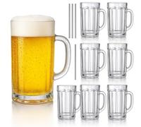 ZENFUN 8 Pack Heavy Large Beer Glasses, 400ML Glass Beer Mugs with Handle & Stainless Steel Straws, Beer Glass Steins Heavy Base Pub Drinking Mugs for Wine, Juice, Iced Tea