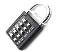 zeng 10-Digit Push Button Combination Padlock - 5-Preset Unchangeable Code, Black Aluminum Alloy for Gym Locker, Toolbox, Fence, Cabinet