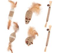 ZENGABIA 6 Pcs Cat Toy Set - Sisal Rope Mouse Toys with Feather & Rattle + Silvervine Chew Stick, Interactive Hunting & Dental Care Mice Toys for Indoor Kittens & Adult Cats