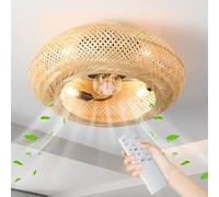 zenggp Boho Ceiling Fan, LED Rattan Ceiling Lamp With Remote Control, Adjustable 6 Wind Speeds, Flush Mount Bohemian Lamp Close To The Ceiling, For Bedroom Living Children's Room Nursery