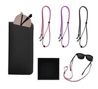 ZENGSING 3 pcs Unisex Glasses Straps Soft Leather Glasses Case with Cleaning Cloth Non-Slip Adjustable Spectacle Neck Cord Universal Eyeglass Chain Lanyard PU Sunglasses Pouch for Women Men (Set B)