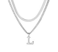ZENGSING Mens Initial Necklace, Stainless Steel Silver Cuban Chain Adjustable Snake Chain with A-Z Letter Pendant Layered Chain Necklace for Men Dad Boyfriend Birthday Father's Day Gift (L)