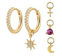 ZENGSING S925 Silver Hoop Earrings Gold/Silver Hoops Earrings for Women with 4 Small Pendants Huggie Small Hoop Earrings Sleeper Earrings with Cubic Zirconia for Women Girls (Gold)