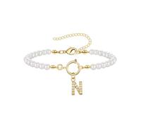 ZENGSING Women's Initial Pearl Bracelet Pearl Chain Bracelet for Women Adjustable A-Z Capital Initial Pendant Charm Pearl Bracelet with Initial Gifts for Women (N)