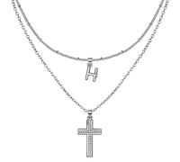 ZENI Dainty Cross Necklaces for Women, White Gold Plated Layered Chain Initial H Pendant Choker Necklace, Cubic Zirconia Cross Christian Faith Jewelry Communion Baptism Gifts for Girls