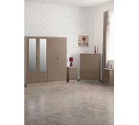 Nevada 4 Piece Oyster Gloss Bedroom Set - 4 Door 2 Drawer Mirrored Wardrobe, 5 Drawer Chest & 2 x 3 Drawer Bedside