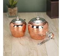 ZenithCart Stainless Steel Copper Coated Ghee and Oil Handcrafted Hammered Pot Container With Lid for Pooja Items & Kitchen | 220ml & 320ML approx | Pack of 2