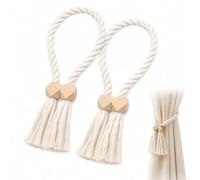 ZenithQuest Magnetic Curtain Tiebacks, 2 Pcs Beige Boho Rope Holdbacks | 55cm Cotton-Blend Rope, Wooden Magnetic Clasps, No-Drill, Twist & Drape, for Thick & Thin Curtains, Modern Boho Style