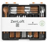 ZENLOFT Extendable Cutlery Drawer Organiser - Large Adjustable Utensil Tray for Kitchen Drawers, 33.5 to 57cm Wide, 8 Compartment BPA-Free Plastic Silverware & Flatware Storage, Black