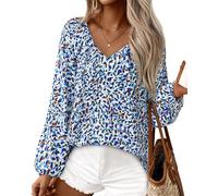 Zenlonr Womens Fall Tops Dressy Casual 2025 V Neck Satin Silk Printed Shirts Boho Long Sleeve Work Blouses, White Blue Flower, XXL