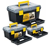 ZENO 3 Piece Plastic Toolbox Organiser Set | 10" 13" 16" Inch Tool Boxes Plastic Portable Tool Box Set | Tool Box Organiser with Extra Storage Tray for Home Tools | Nails and Pins | Utility Toolbox