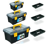 ZENO 3-Piece Plastic Toolbox Organiser Set | 10'' 13'' 16'' Inch Tool Boxes | Portable Toolbox with Extra Storage Tray for Home Tools | Black