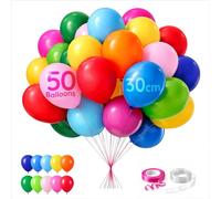 ZENO Multicoloured Balloons 50 Pack 12 Inch / 30cm Helium Grade Latex Balloons with Ribbon & Balloon Chain - Party Balloons for Kids Birthday Parties & Celebrations