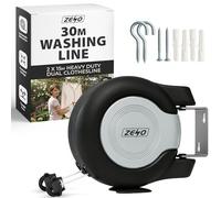ZENO Retractable Washing Line 30M | Heavy Duty Dual Clothes Line with Automatic Retraction | Wall Mounted Laundry Airer for Indoor and Outdoor Use | Space Saving Design | 2x15M Long Line | Grey