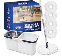 ZENO Spin Mop and Bucket Set | Microfibre Floor Mop with 5 Replacement Heads | Stainless Steel Spin Wringer & Built-In Soap Dispenser | Adjustable Steel Handle 115-138cm (White & Blue)