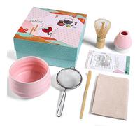 ZENRC Ceremony Matcha Kit - Traditional Bamboo Matcha Whisk (Chasen) Scoop (Chashaku) Chawan Bowl with Pouring Spout Whisk Holder Sifter Tea Tray- The Perfect Matcha Set (Set of 6, Pink)