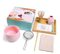 ZENRC Ceremony Matcha Kit - Traditional Bamboo Matcha Whisk (Chasen) Scoop (Chashaku) Traditional Chawan Matcha Bowl Whisk Holder Sifter Tea Tray- The Perfect Matcha Set (Set of 7, Pink)