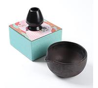 ZENRC Traditional Matcha Bowl with Pouring Spout and Whisk Holder (Reshaper) - Retro Matcha Green Tea Chawan Kit- 22oz Big Salad Porridge Juice Bowl and Chasen Rest (Charming Black)