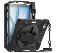 ZenRich Case for iPad Air 11 Inch (M4/M3/M2) 2026/2025/2024, Heavy Duty Shockproof Case with Screen Protector Rotating Stand Hand Strap Pencil Holder Shoulder Strap for iPad Air 8/7/6 & Air 5/4, Black