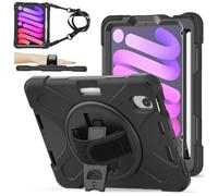 ZenRich Shockproof Case for iPad Mini 7 (A17 Pro) 2024/ iPad Mini 6 2022 8.3 Inch, Heavy Duty Rugged Case with Screen Protector/Pencil Holder/360° Rotating Stand/Handle/Carrying Shoulder Belt, Black