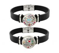 ZENRUIMING 2 Pack Inspirational Christian Bracelets in Spanish - Leather and Glass Religious Jewelry with “El Tiempo de Dios es Perfecto” Verse - Faith Reminder Gift for Loved Ones