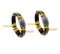 ZENRUIMING 2 Pack Jamaica Style Rasta Bracelets Handmade Hemp Leaf Leather Wristband